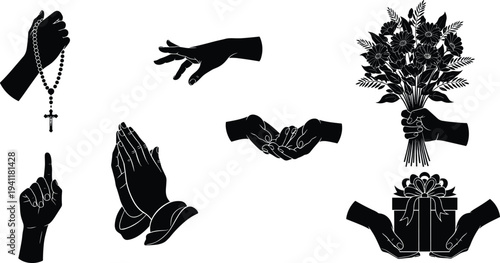 Hand gesture silhouettes, symbolic posture illustration, human action vector, spiritual prayer graphic design, social interaction outline art collection