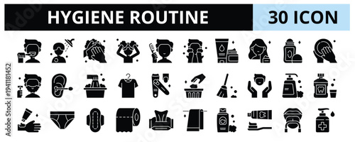 30 Hygiene Routine Glyph Banner Web Icon Set Vector Illustration 