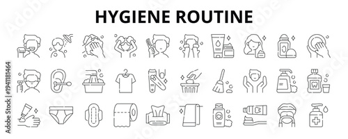 30 Hygiene Routine Line Banner Web Icon Set Vector Illustration 