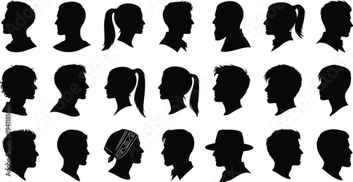 Human head profile silhouettes with diverse hairstyles, hats, bandanas, beards, ponytails, male and female appearance diversity illustration