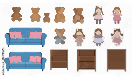 Cute Teddy Bear and Rag Doll Toy Sticker Vector Set with Sofa and Bookshelf