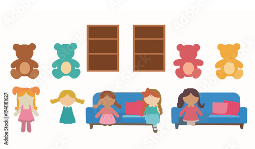 Kids Playroom Toys Vector Illustration with Teddy Bears Rag Dolls Sofa and Bookshelves
