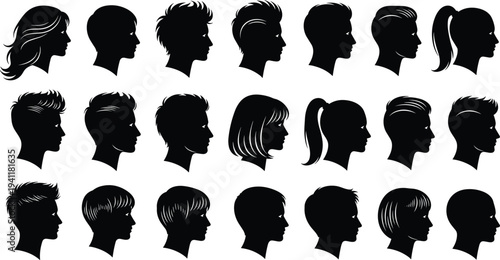 Human head profile silhouettes with diverse hairstyles, ponytails, short cuts, layered styles, male and female fashion diversity illustration