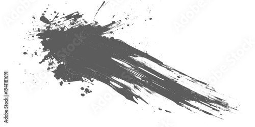 Black grunge ink brush stroke with splatter vector droplets on a white background, abstract paint smear, rough artistic texture, minimalist monochrome design. 
