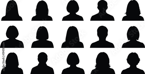 Human head silhouette vector illustration with diverse profiles, hairstyle variations, identity artwork, avatar design concept, psychological study character collection