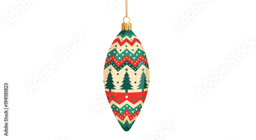 Elegant christmas bauble ornament with festive tree and chevron patterns for holiday tree decoration and card designs.