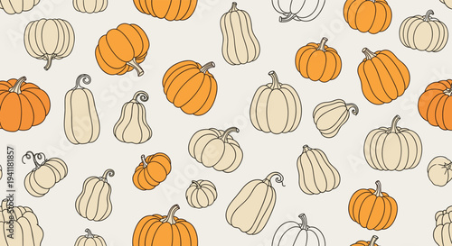 Seamless pattern with a variety of pumpkins and squashes in orange and cream colors for autumn and fall harvest themes.