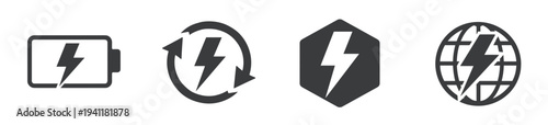Compact icon set showing battery, charging arrows, power badge and electric globe. Monochrome vector symbols for energy status, renewable systems, utilities and smart tech.
