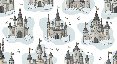 Enchanting seamless pattern of gray fairy tale castles floating on clouds with little hearts for nursery and dream themes.