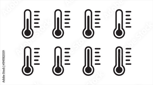 Black thermometer icon pack showing rising temperature indicators isolated on background