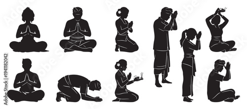 silhouette of balinese praying pose.