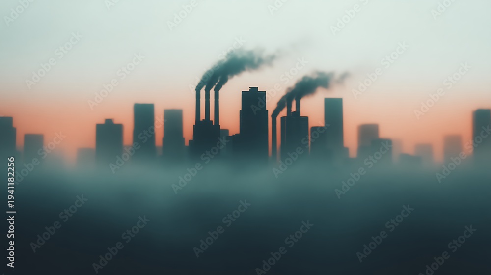 Fototapeta premium A city skyline at dusk with industrial buildings emitting thick smoke, enveloped in a dense layer of fog or smog.