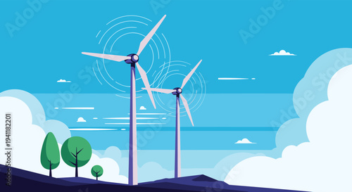 Pair of wind turbines on a hill under a clear blue sky for renewable wind energy and environmental sustainability themes.