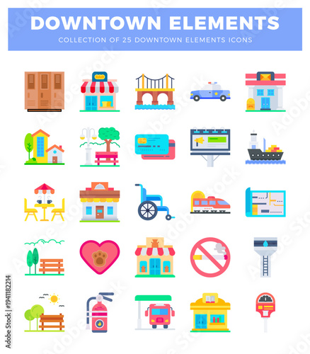 Downtown city icons collection with colorful flat illustrations