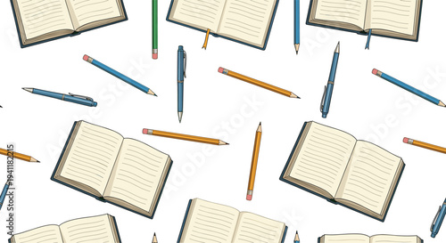 Seamless pattern with open notebooks, pencils, and pens on a white background for education and office theme designs.