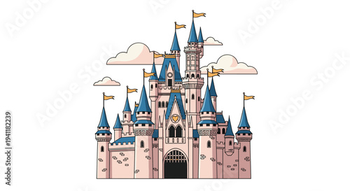 Beautiful classic fairy tale castle with many towers and flags for fantasy, kingdom, and storytelling illustration projects.