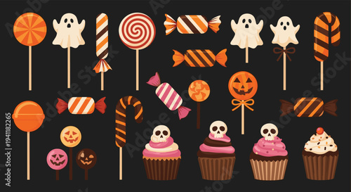 Wide assortment of halloween sweets including lollipops, cupcakes, and candies on a dark background for spooky treats themes.