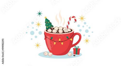 Red mug filled with hot chocolate and marshmallows decorated with a candy cane and pine tree for cozy winter holiday vibes.