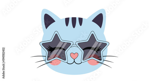 Cute blue cat face illustration wearing star shaped sunglasses and a heart shaped nose for fun and trendy pet lover designs.