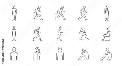 diverse human actions and emotional states depicted in line art people icons ideal for modern uiux and web design.