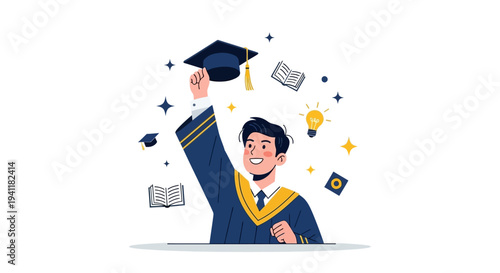 Graduate in Robe Celebrating with Cap.