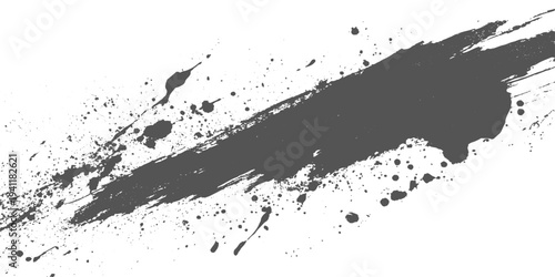 Black grunge ink brush stroke with splatter vector droplets on a white background, abstract paint smear, rough artistic texture, minimalist monochrome design. 