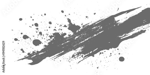 Black grunge ink brush stroke with splatter vector droplets on a white background, abstract paint smear, rough artistic texture, minimalist monochrome design. 