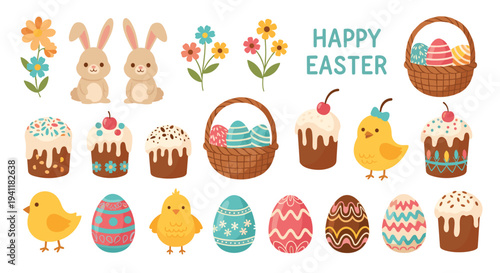 Comprehensive set of easter themed illustrations including bunnies, decorated eggs, baskets, chicks, and traditional cakes.
