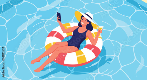 Relaxed woman floating on a colorful inflatable ring in a swimming pool taking a selfie and holding a tropical cocktail.