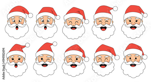 Collection of santa claus characters with various facial expressions like happy surprised and winking for christmas designs.