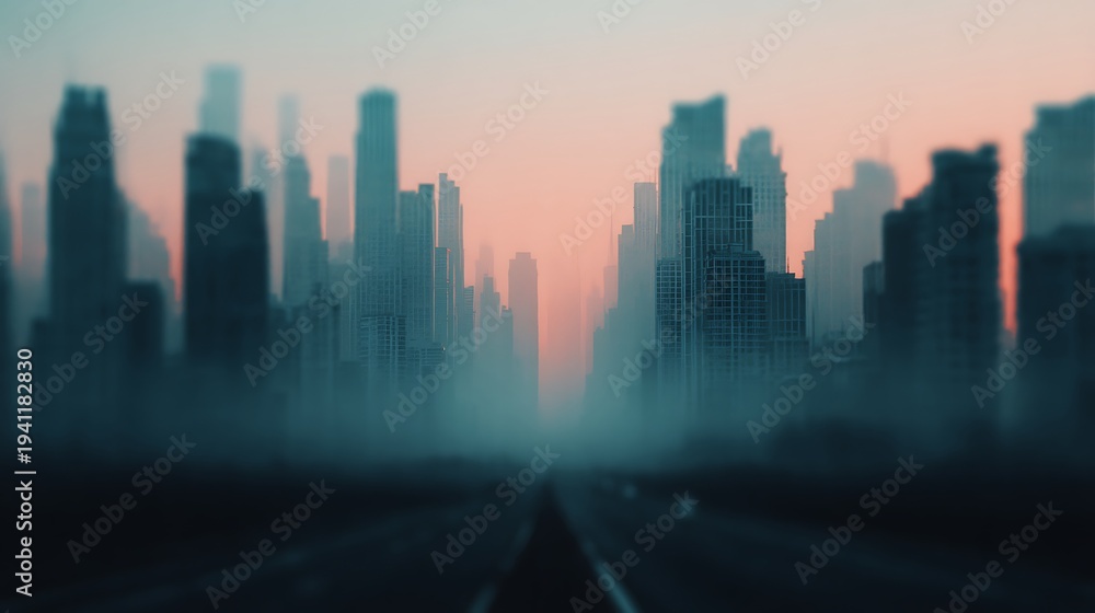 Obraz premium A foggy city skyline at dawn with tall skyscrapers partially obscured by mist, creating a mysterious and calm urban atmosphere.