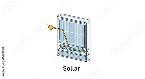 Technical illustration of a solar energy storage battery unit with a sun icon for renewable power system explanation.