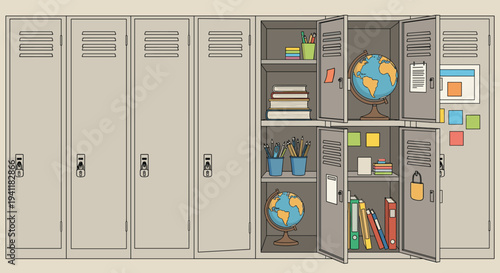 Row of grey metal school lockers with one open door revealing books globes and school supplies for education concept.