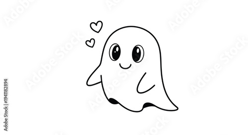 Simple line drawing of a cute little ghost with two small hearts floating above its head for halloween or love theme.