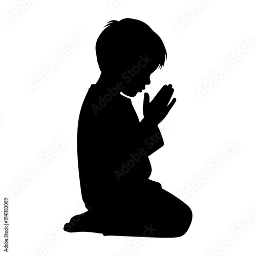 Child praying black silhouette isolated on white background, concept of faith and spirituality