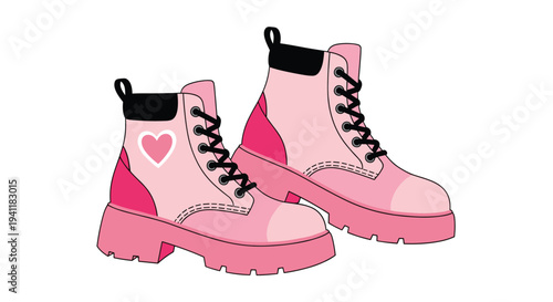 Pair of trendy pink combat boots featuring a white heart detail for fashion and youth style concepts on white background.