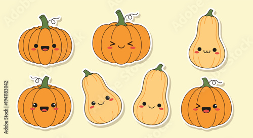 Set of eight adorable pumpkin and squash stickers with various cute facial expressions for autumn and halloween fun.
