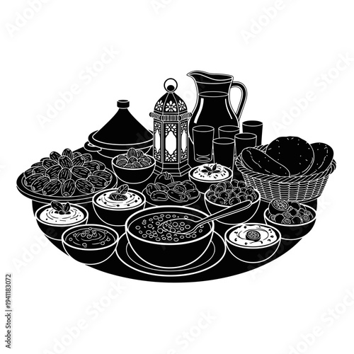 Black silhouette of iftar table with food isolated on white background, concept of Ramadan and celebration  