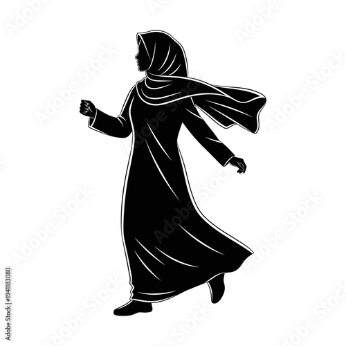 Black silhouette of woman wearing hijab isolated on white background, concept of cultural identity and faith  