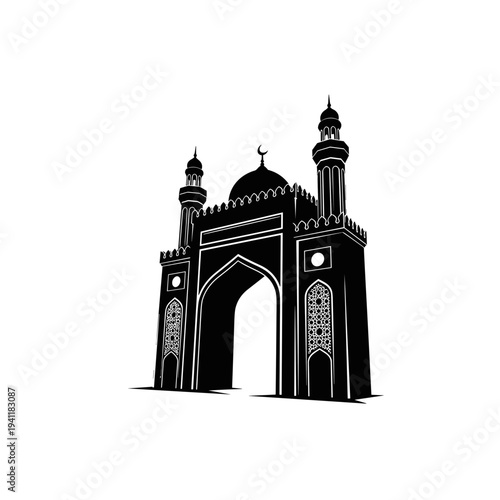 Black silhouette of mosque gate isolated on white background, concept of Islamic architecture and spirituality  