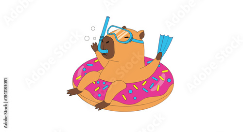 Humorous illustration of a capybara snorkeling with mask and fins while floating on a pink donut inflatable ring.