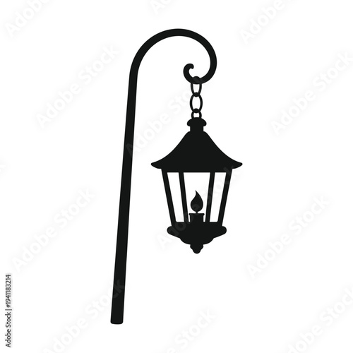 Elegant hanging lantern on curved post for outdoor ambiance