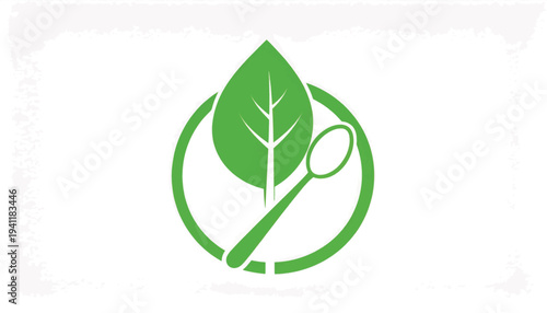 Green Organic Food Logo Design: Simple Leaf, Spoon, and Circle Icon for Healthy Eating, Natural Nutrition, Restaurant, or Wellness Branding