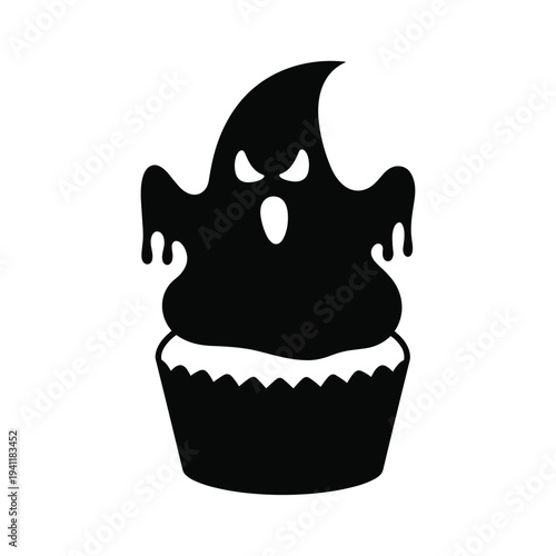 Spooky black cupcake with ghostly frosting for Halloween