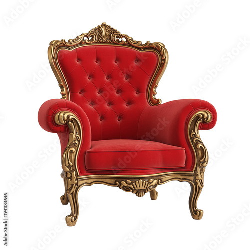 Elegant red armchair, gold armchair, velvet armchair, luxury armchair, classic armchair design.