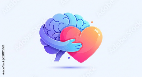 Brain embracing heart with hands symbolizing love care and emotional intelligence in a colorful illustration