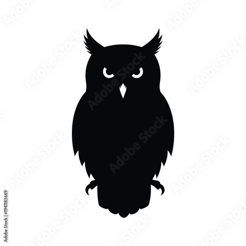 Stunning black owl silhouette with piercing eyes on white background