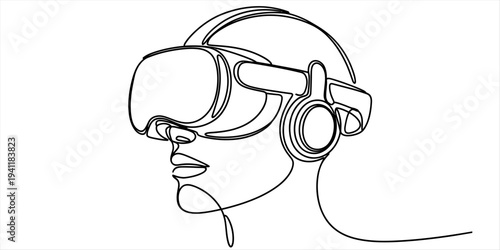 One line virtual reality headset user continuous line vector illustration