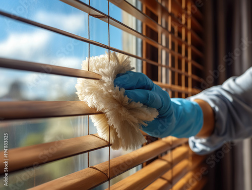 Cleaning wooden blinds in a sunny room during the day with a blue gloves