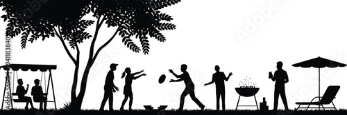 Family outdoor activity silhouettes, people relaxing in park garden with barbecue, swing, games and leisure lifestyle vector illustration